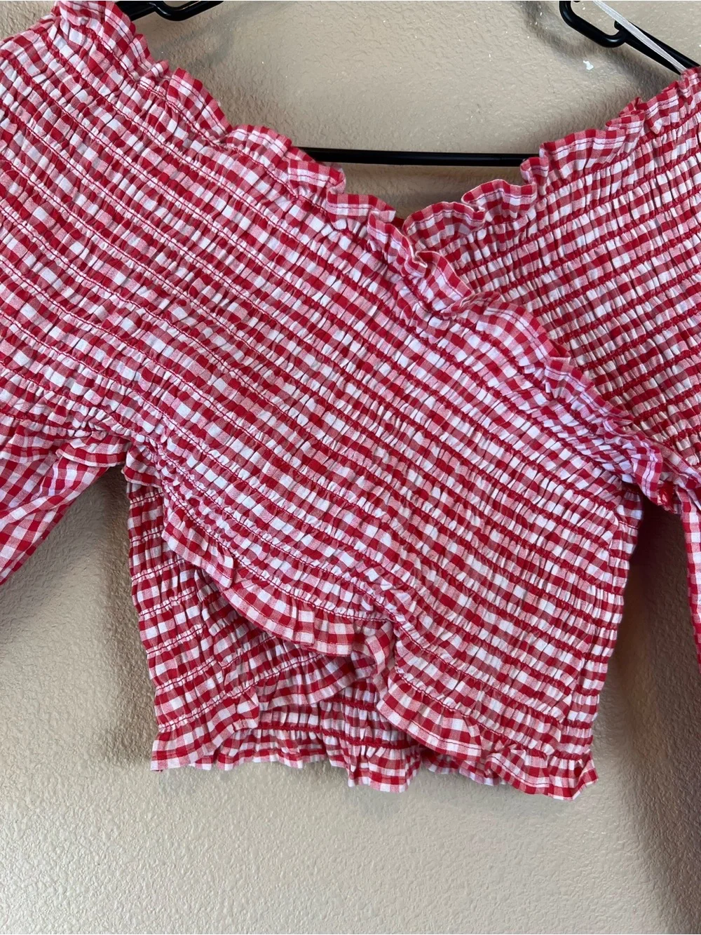 Zara red and white smocked gingham crop top